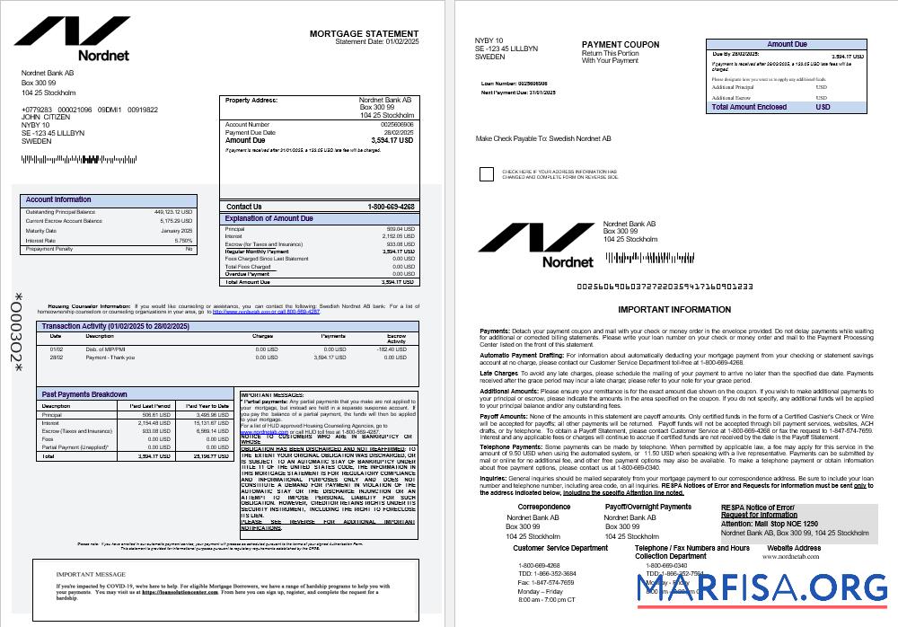 Blank Swedish Nordnet AB bank mortgage statement in Word and PDF formats 1 2 example